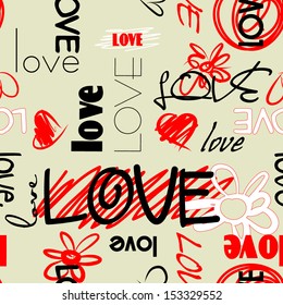 art graffiti vector seamless pattern, background with love, flowers and heart; red, black and white colors 