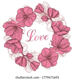 Art graphic card with frame decorated tulip and magnolia flowers, love lettering, vintage style