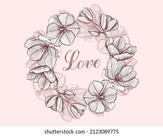 Art graphic card with frame decorated tulips and magnolia flowers, love lettering, vintage style, suitable for wedding invitation and Valentine day card