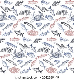 Diseño gráfico de arte sin fisuras con pescado y marisco, dibujo vectorial estilo ilustración a mano adecuado para telón de fondo textil y web