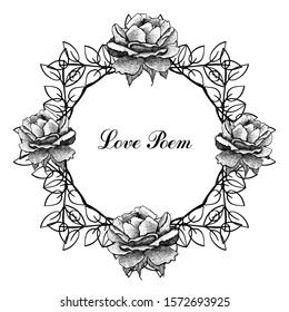 Art graphic square frame decorated rose flowers, love and wedding theme, vintage style