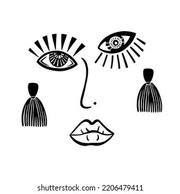 Art graphics modern lines vector black and white woman's face eyes, nose, lips and earrings. Print for t-shirt, cover, label, logo with a girl.