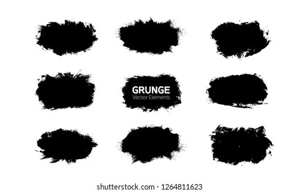Art graphics shapes elements. Abstract black paint ink brush stroke for your design use. Modern banners template set. Grunge vector illustration background. Dirty stains frame with copy space.