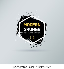 Art graphics shapes elements. Brush paint ink stroke design over hexagon frame. Grunge vector illustration background.
