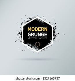 Art graphics shapes elements. Brush paint ink stroke design over hexagon frame. Grunge vector illustration background. Good for headline, logo, poster, message, sale banner, flyers, brochures etc.