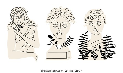 Art Greek ancient sculpture set. Mythical and ancient  style. Classic statues. Vector illustration