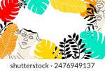 Art Greek ancient sculpture summer banner. Botanical background mythical and ancient  style. Classic statues. Vector illustration