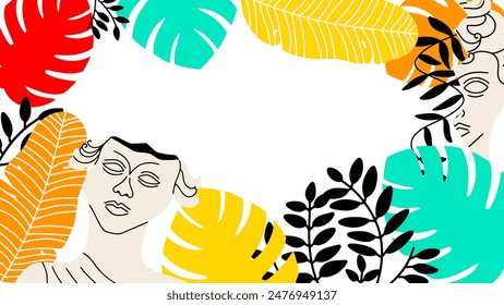 Art Greek ancient sculpture summer banner. Botanical background mythical and ancient  style. Classic statues. Vector illustration