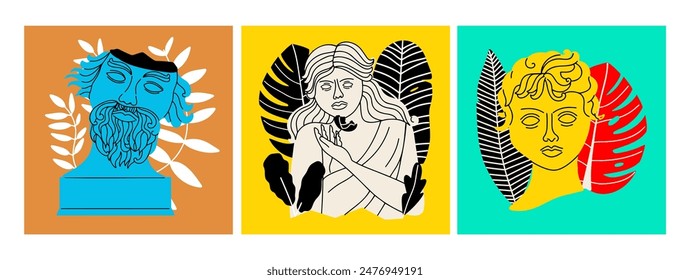 Art Greek ancient sculpture summer postcards. Botanical background mythical and ancient  style. Classic statues set. Vector illustration