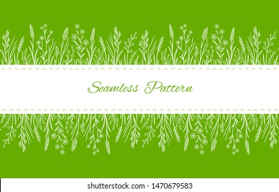 art green botanic hand drawn seamless pattern with wild herbs leaves and flowers, plants, grass, herbs for card, label, invtation and place for text