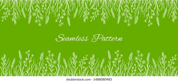 art green botanical seamless pattern with wild herbs leaves and flowers, plants, grass and herbs