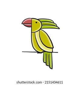 Art green parrot isolated on white. Icon for your design