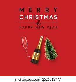 Art greeting card with text Merry Christmas and Happy New Year, frame.  Winter xmas holiday theme.
