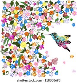 Art grunge floral pattern with bird