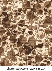 art grunge vintage floral pattern, paper relief textured monochrome background in gold and brown colors, rust effect. 