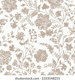 art grunge vintage floral pattern, paper relief textured monochrome background in gold and brown colors, rust effect.