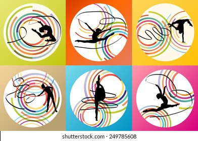 Art gymnastics with ribbon vector background set concept