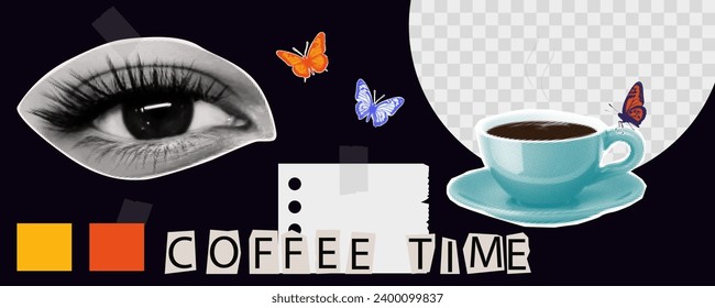 Art halftone collage, coffee break, black tea. Coffee time, magazine clippings. Contemporary art, pop. Announcement of break, business rest, relaxation. Woman's eye, hot drink in a cup. Vector banner 