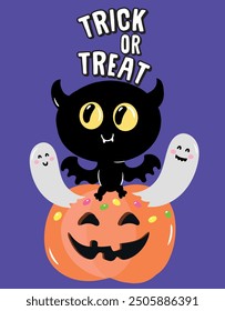Art Halloween holiday for kids. Cartoon pumpkin Jack and bat with ghosts. Vector flat drawing.