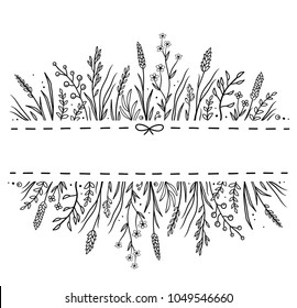 art hand drawn background with wild herbs ad flowers and place for text