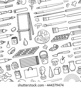 Art hand drawn supplies,instruments seamless pattern.Vector doodle symbols,objects for painting,drawing, sketching. Isolated colored tools.Art background,illustration,wallpaper