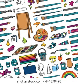 Art hand drawn supplies,instruments seamless pattern.Vector doodle symbols,objects for painting,drawing, sketching. Isolated colored tools.Art background,illustration,wallpaper