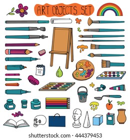 Art hand drawn supplies,instruments set.Vector doodle symbols,objects for painting,drawing, sketching. Isolated colored tools.Art background,illustration