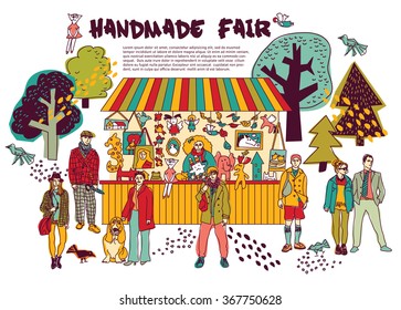 Art hand made fair toys in park outdoor. Color vector illustration. EPS8