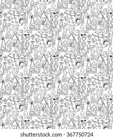 Art hand made objects toys black and white seamless pattern. Monochrome vector illustration. EPS8