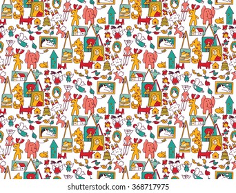 Art hand made objects toys color seamless pattern. Color vector illustration. EPS8