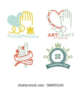 Art and handmade craft logo templates flat set. Vector posters for artist studio or painter shop, knitting needlework and tailoring school and pottery workshop with charity concept