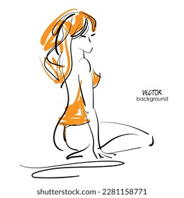 art handmade digital sketch background with beautiful young girl model in bikini; drawing, graphic, isolated vector; fashion, sport fitness, beauty; sexy body