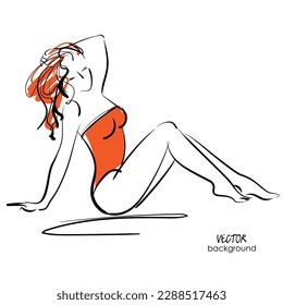 art handmade digital sketch background with beautiful young girl model in bikini; drawing, graphic, isolated vector; fashion, sport fitness, beauty; sexy body