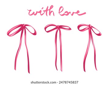 art with handwritten lettering and trendy bows. "With love" and pink ribbon bows on a white background. Trendy ribbon print for a T-shirt, dress, phone case, etc.