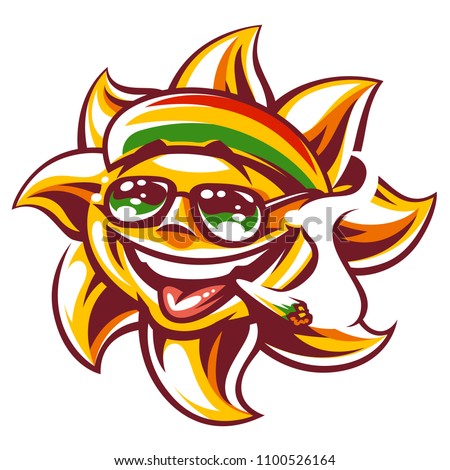 Art of happy sun in rastaman colored hat, sunglasses  and spliff in mouth. Ganja smoking funny sun character. Vector art isolated on white. 