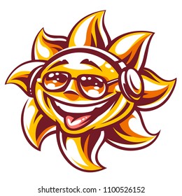 Art of happy sun in sunglasses and headphones enjoing music and summer vibes. Summer party sun character, symbol of youth and carefree. Vector illustration isolated on white.