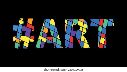 ART Hashtag. Tricolor isolated letters from contrast flowing fluid shapes. Rainbow colored popular Hashtag #ART for social networks, web resources, mobile applications, games, t-shirts.