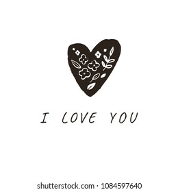 Art heart flower vector doodle style black. I love You
