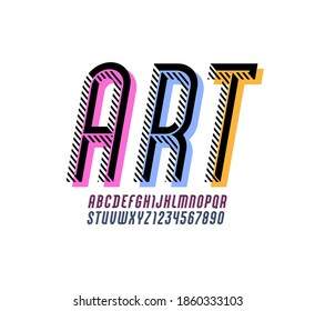 Art high font, striped alphabet sans serif, letters with colored shadow from A to Z and numbers from 0 to 9 for you designs, vector illustration