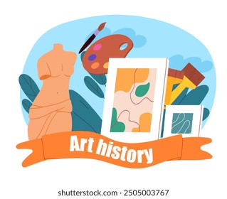 Art history poster. Marble bust, painting, palette with paints and brushes. Creativity and art. Gallery and exhibition, museum. Flat vector illustration isolated on white background