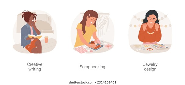 Art hobbies isolated cartoon vector illustration set. Creative writing hobby, girl making scrapbooking album, hands on activity, jewelry design, hand made accessories vector cartoon.