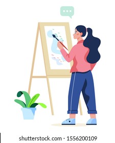 Art hobby concept illustration. Idea of creative people. Female artist standing in front of big easel, holding a brush and paints.