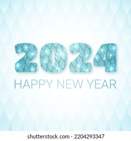 Art Holiday Banner. Shiny Decorative Number 2024 with Dragon Skin Pattern. Text Happy New Year. Vector Illustration.