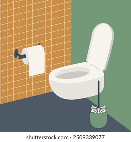 Art house. Toilet bowl and toilet brush in the bathroom. Artwork can used design flat interior. Trendy pastel color bath vector aesthetic can used interior artwork. EPS 10