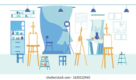 Art, Humanities And Design Department Studio In College. Objects And Easels For Still Life Drawings. Spot For Life Model For Painting Courses And Visual Artists Class. Place To Start Creative Future.