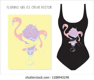 The art with ice cream and flamingo. Vector illustration.