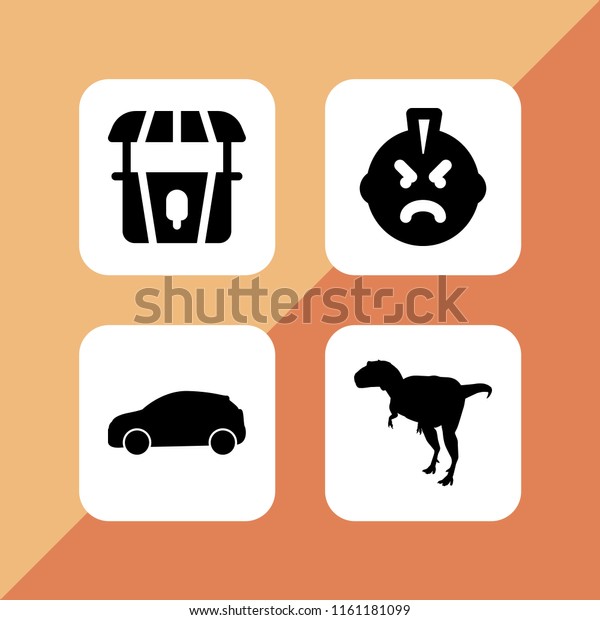 art icon.\
4 art set with punk, dinosaur, stand and car black side silhouette\
vector icons for web and mobile\
app