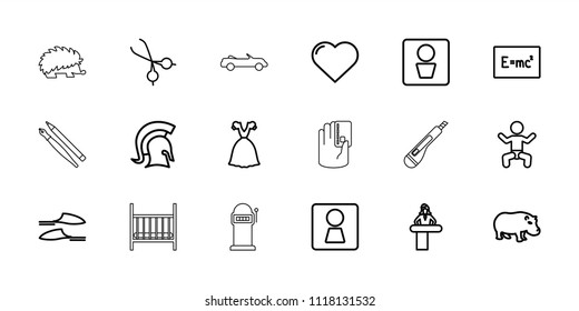 Art icon. collection of 18 art outline icons such as man wc, woman wc, baby, airport desk, hippopotamus, heart, slippers, dress. editable art icons for web and mobile.