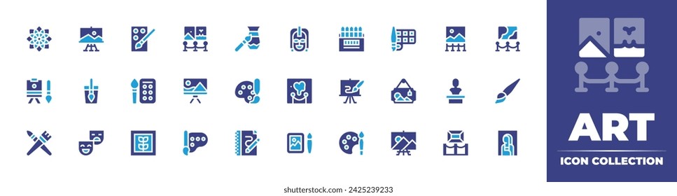 Art icon collection. Duotone color. Vector and transparent illustration. Containing craft, art show, performance, art, painting, brush, exhibition, museum, notebook, mona lisa, picture, sculpture.