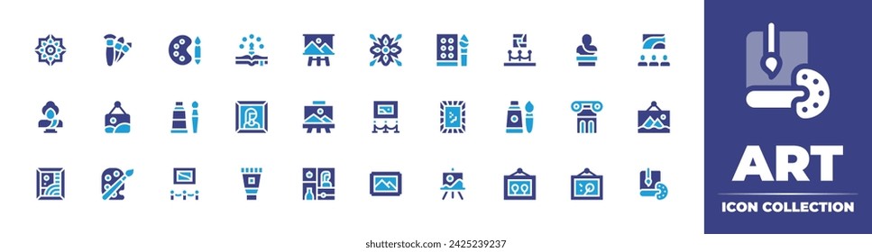Colección de iconos. Color duotono. Ilustración vectorial y transparente. Conteniendo arte, muestra, caballete, lienzo, escultura, dibujos, libro, ruinas, mandala, pintura, museo de arte, museo, pinceles.